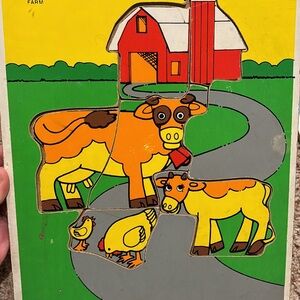 Children's Farm Animal Wooden Puzzle - Bright Orange and Yellow Cow Set